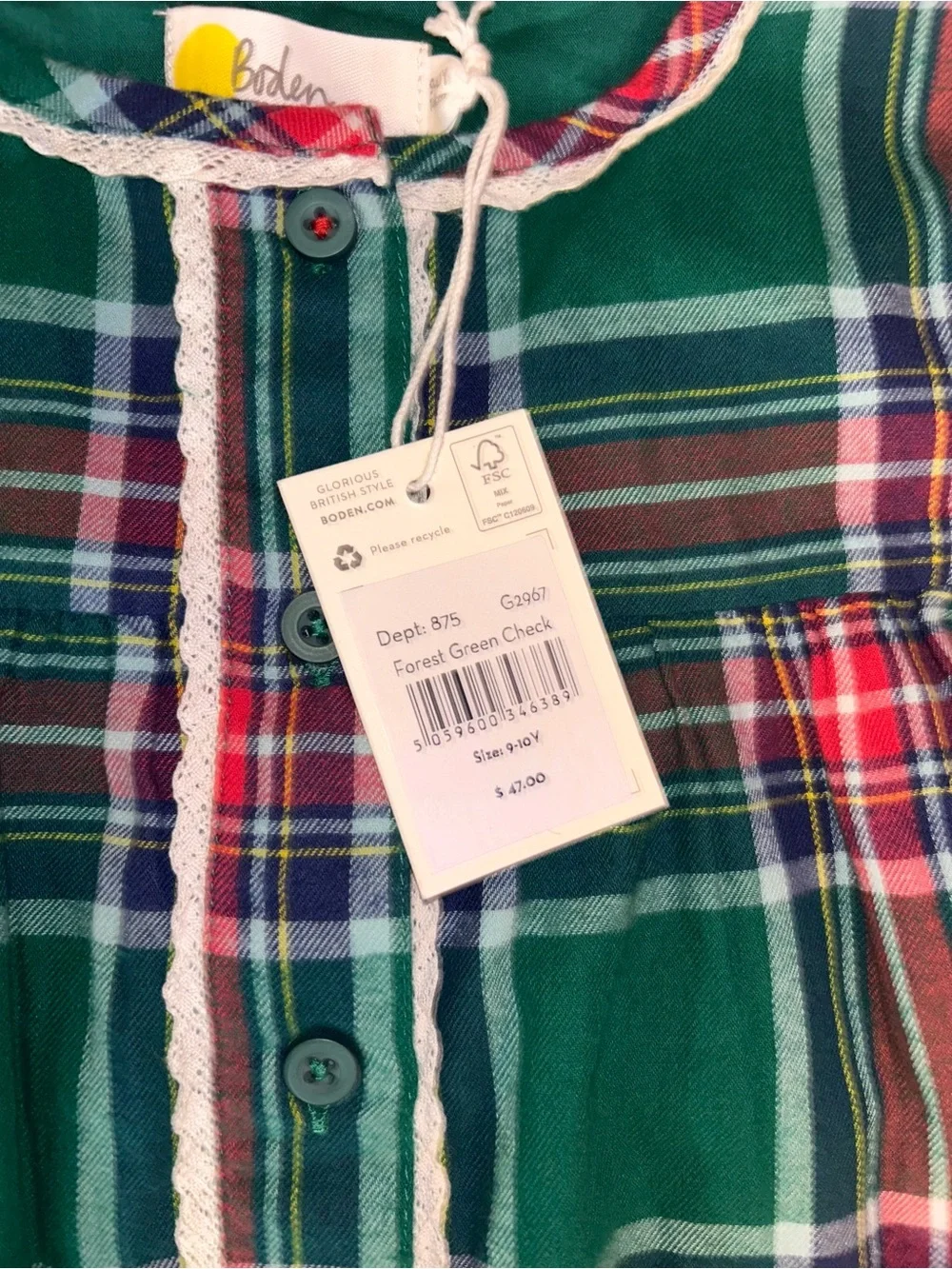 Boden Green, Red & Navy Plaid Button Detail Dress